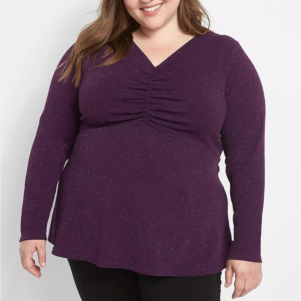 Lane Bryant Sz 18/20 Purple Ruched V-Neck Long Sleeve Babydoll Sparkle Knit Top